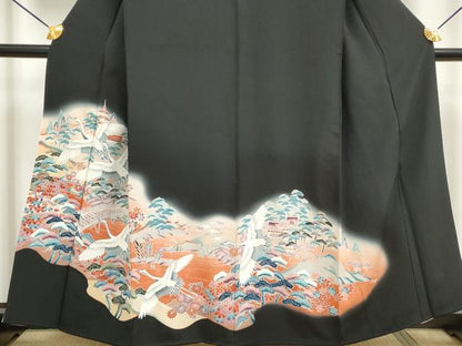 平和屋着物■豪華黒留袖　渡橋飛鶴風景文　暈し染め　正絹　逸品　DABB5308qa