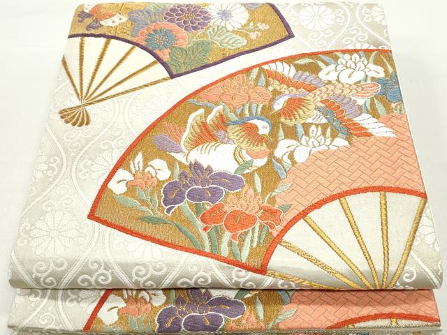 平和屋着物◎六通柄袋帯　唐織　能衣つづれ　扇面花鳥文　金銀糸　正絹　逸品　DABB5496qa
