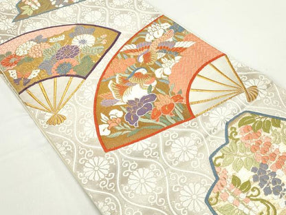 平和屋着物◎六通柄袋帯　唐織　能衣つづれ　扇面花鳥文　金銀糸　正絹　逸品　DABB5496qa