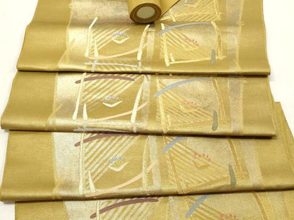 平和屋着物▼西陣 よこくに謹製 名古屋帯 帯反物 秀逢錦 色紙扇面花文 引箔 証紙付き 逸品 未使用 DABB6343we
