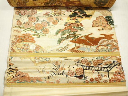 平和屋着物▼アンティーク 大正ロマン 名古屋帯 解き帯反物 風景花松文 金糸 逸品 DABB6477we