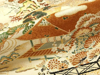 平和屋着物▼アンティーク 大正ロマン 名古屋帯 解き帯反物 風景花松文 金糸 逸品 DABB6477we
