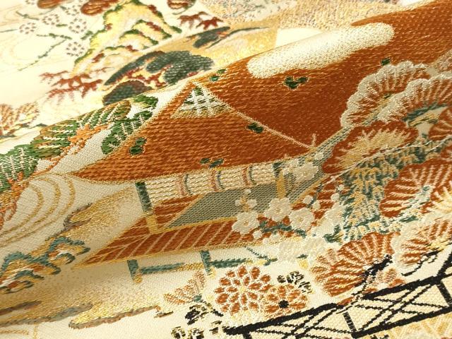 平和屋着物▼アンティーク 大正ロマン 名古屋帯 解き帯反物 風景花松文 金糸 逸品 DABB6477we