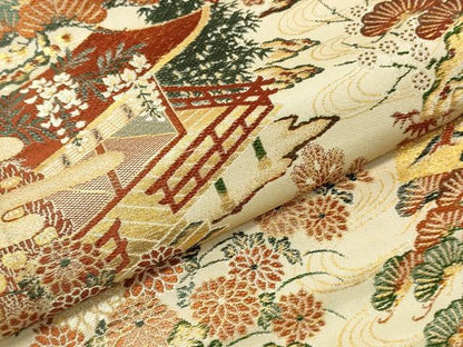 平和屋着物▼アンティーク 大正ロマン 名古屋帯 解き帯反物 風景花松文 金糸 逸品 DABB6477we