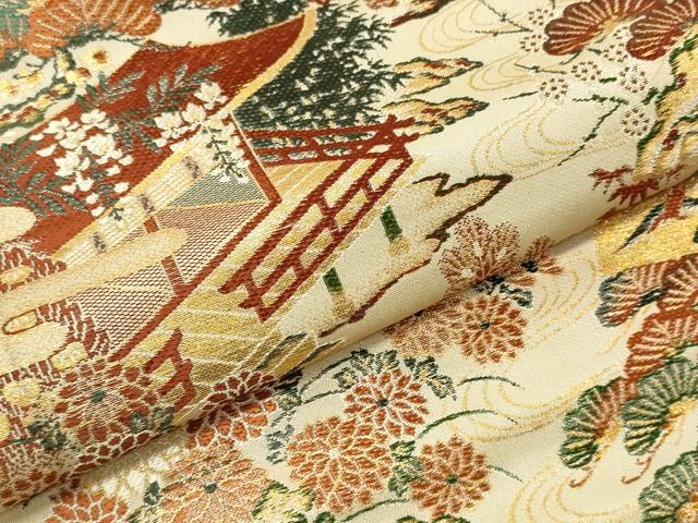平和屋着物▼アンティーク 大正ロマン 名古屋帯 解き帯反物 風景花松文 金糸 逸品 DABB6477we