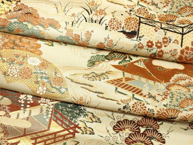 平和屋着物▼アンティーク 大正ロマン 名古屋帯 解き帯反物 風景花松文 金糸 逸品 DABB6477we