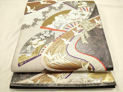 平和屋着物◎六通柄袋帯　唐織　束ね熨斗　扇面飛鶴花文　金銀糸　正絹　逸品　DABB6535ea