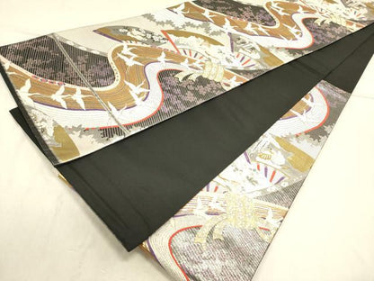平和屋着物◎六通柄袋帯　唐織　束ね熨斗　扇面飛鶴花文　金銀糸　正絹　逸品　DABB6535ea