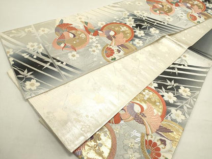 平和屋着物◎六通柄袋帯　唐織　鴛鴦花丸文　枝垂れ桜　金銀糸　正絹　逸品　DABB6653ea