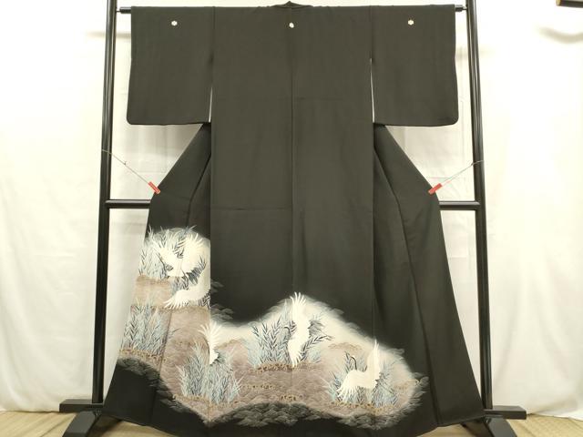 平和屋着物■豪華黒留袖　刺繍　飛鶴立波葦文　暈し染め　金糸　正絹　逸品　DABB6670ea