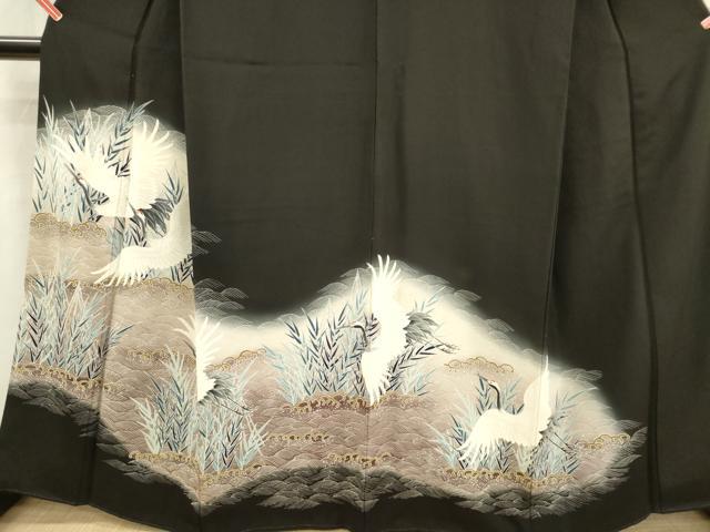 平和屋着物■豪華黒留袖　刺繍　飛鶴立波葦文　暈し染め　金糸　正絹　逸品　DABB6670ea