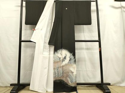 平和屋着物■豪華黒留袖　刺繍　飛鶴立波葦文　暈し染め　金糸　正絹　逸品　DABB6670ea