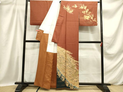 平和屋着物■訪問着 檜扇花鳥文 枝梅 暈し染め 金彩 正絹 逸品 DABB6719ea