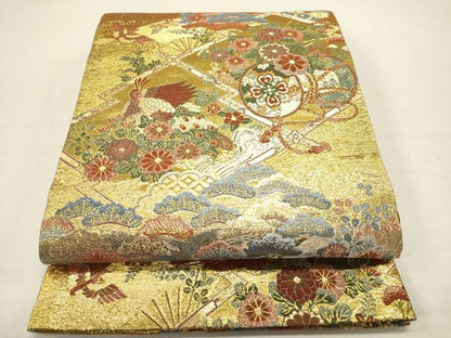 平和屋着物◎六通柄袋帯 三条宝物 器物花鳥松文 金糸 正絹 逸品 DABB6732ea