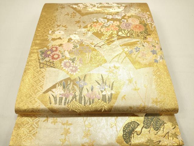 平和屋着物◎六通柄袋帯 唐織 地紙花車松文 金糸 引箔 正絹 逸品 DABB6733ea