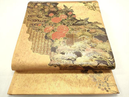 平和屋着物◎西陣 六通柄袋帯 道長飛鶴花松文 秋草文 金彩 引箔 正絹 逸品 DABB6748ea