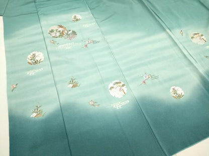 平和屋着物▼色留訪問着　総刺繍　雪輪花鳥松文　暈し染め　金銀糸　正絹　逸品　DABB6801ea