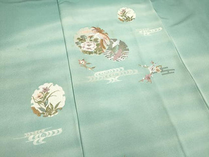 平和屋着物▼色留訪問着　総刺繍　雪輪花鳥松文　暈し染め　金銀糸　正絹　逸品　DABB6801ea