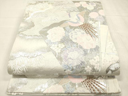平和屋着物◎六通柄袋帯 唐織 扇面花鳥文 松竹梅 銀糸 正絹 逸品 DABB6822ea