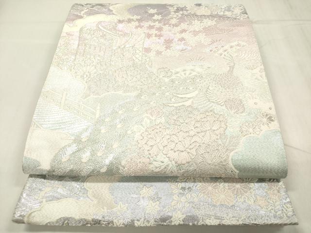 平和屋着物◎西陣　六通柄袋帯　九百織　加賀の調べ　孔雀風景花松文　証紙付き　正絹　逸品　DABB6832ea