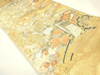 平和屋着物◎六通柄袋帯 唐織 御所車花松文 尾長鳥 金糸 引箔 正絹 逸品 DABB6834ea