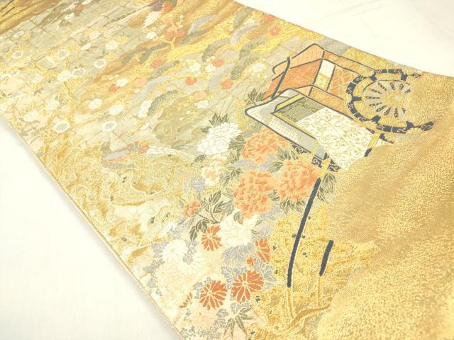 平和屋着物◎六通柄袋帯 唐織 御所車花松文 尾長鳥 金糸 引箔 正絹 逸品 DABB6834ea