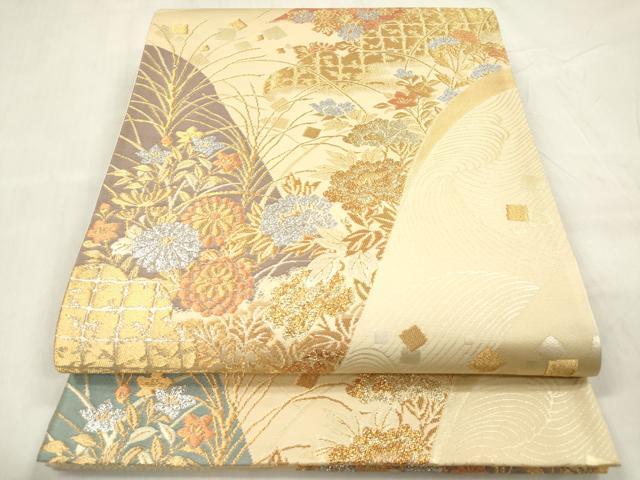 平和屋着物◎六通柄袋帯 重ね山秋草文 金銀糸 正絹 逸品 DABB6871ea