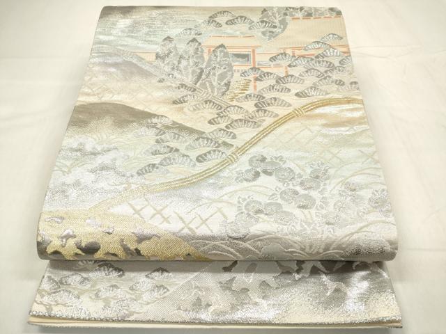 平和屋着物◎六通柄袋帯 風景籬花松文 錦プラチナ箔 正絹 逸品 DABB6902ea