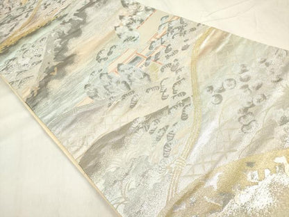 平和屋着物◎六通柄袋帯 風景籬花松文 錦プラチナ箔 正絹 逸品 DABB6902ea