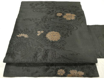 平和屋着物＊夏物 九寸名古屋帯 蛇籠流水秋草文 黒地 正絹 逸品 DABB6948ea