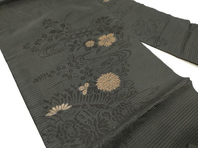 平和屋着物＊夏物 九寸名古屋帯 蛇籠流水秋草文 黒地 正絹 逸品 DABB6948ea