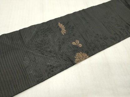 平和屋着物＊夏物 九寸名古屋帯 蛇籠流水秋草文 黒地 正絹 逸品 DABB6948ea
