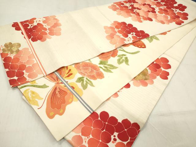 平和屋着物＊夏物　アンティーク　大正ロマン　両面　六通柄　京袋帯　駒刺繍　紫陽花　アジサイ　絽縮緬　正絹　逸品　DABB6951ea