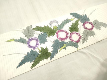 平和屋着物＊夏物　絽塩瀬　つけ帯　手描き　薊　アザミ　正絹　逸品　DABB6965ea