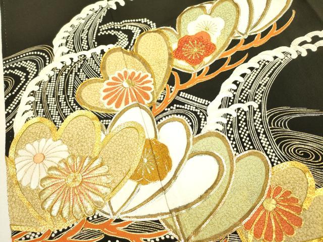平和屋着物●豪華黒留袖 駒刺繍 立波花松文 金彩 正絹 逸品 DABB7071op