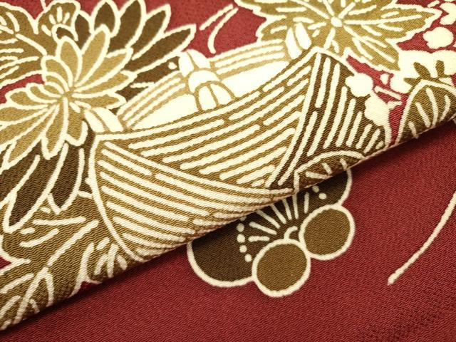 平和屋着物●九寸名古屋帯 型染 糸巻花文 鬼しぼ縮緬 正絹 逸品 DABB7104op