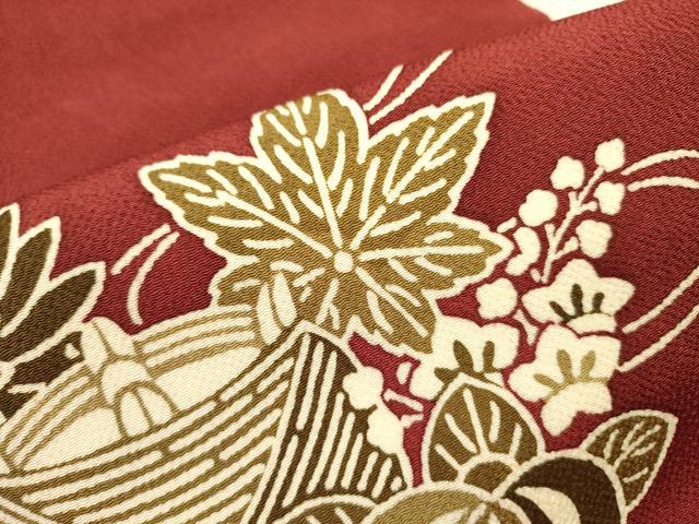 平和屋着物●九寸名古屋帯 型染 糸巻花文 鬼しぼ縮緬 正絹 逸品 DABB7104op