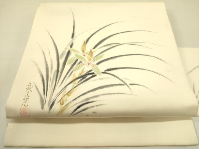 平和屋着物●塩瀬 九寸名古屋帯 作家物 手描き 草花 金彩 正絹 逸品 DABB7108op