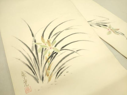 平和屋着物●塩瀬 九寸名古屋帯 作家物 手描き 草花 金彩 正絹 逸品 DABB7108op
