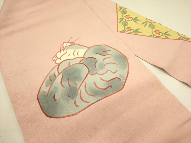 平和屋着物●九寸名古屋帯 作家物 猫 ネコ 鬼しぼ縮緬 正絹 逸品 DABB7112op