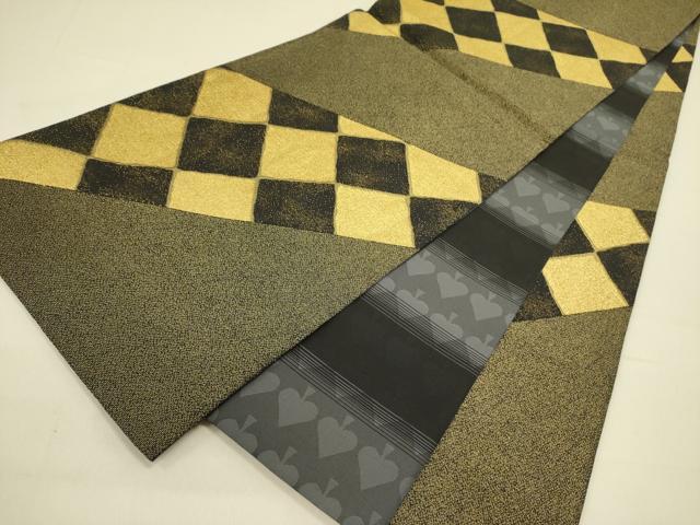 平和屋着物●両面 全通柄袋帯 変わり市松 金糸 正絹 逸品 DABB7115op