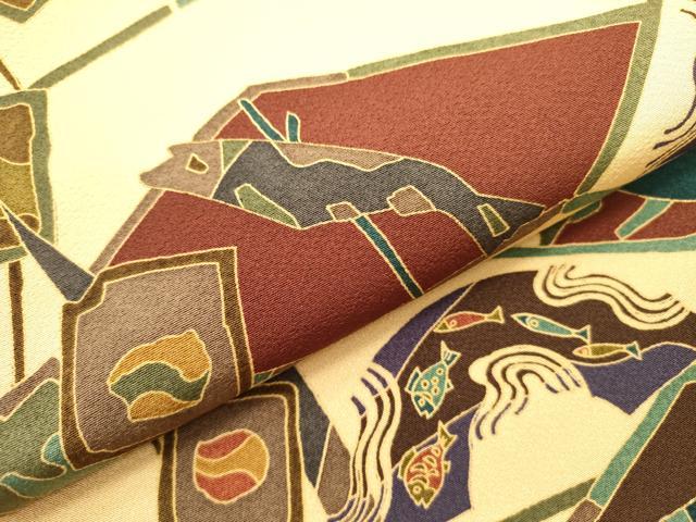 平和屋着物●九寸開き名古屋帯 成り物 魚 正絹 逸品 DABB7118op