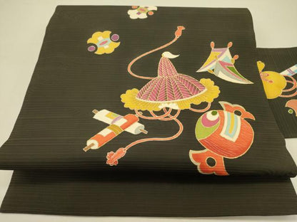 平和屋着物●九寸名古屋帯　宝尽くし文　黒地　金彩　正絹　逸品　DABB7121op