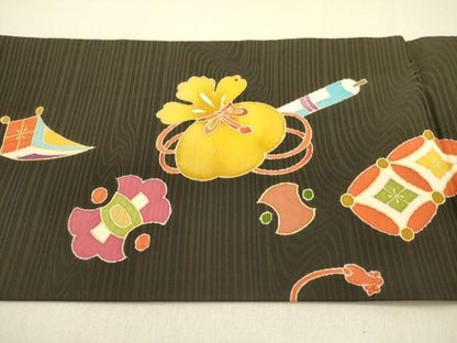 平和屋着物●九寸名古屋帯　宝尽くし文　黒地　金彩　正絹　逸品　DABB7121op