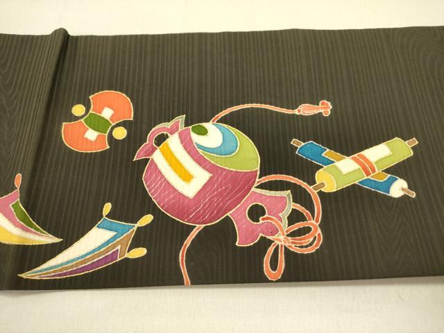 平和屋着物●九寸名古屋帯　宝尽くし文　黒地　金彩　正絹　逸品　DABB7121op