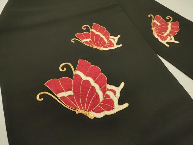 平和屋着物●塩瀬　九寸名古屋帯　駒刺繍　総刺繍　舞蝶文　黒地　正絹　逸品　DABB7122op
