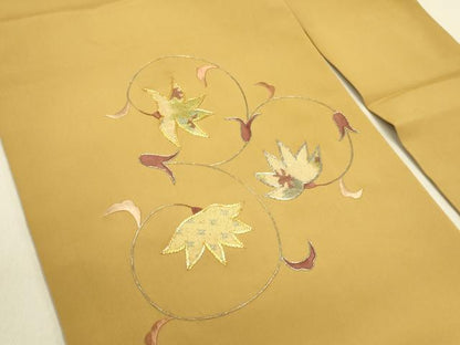 平和屋着物●塩瀬 九寸名古屋帯 駒刺繍 草葉文 金糸 正絹 逸品 DABB7123op