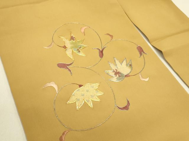 平和屋着物●塩瀬 九寸名古屋帯 駒刺繍 草葉文 金糸 正絹 逸品 DABB7123op