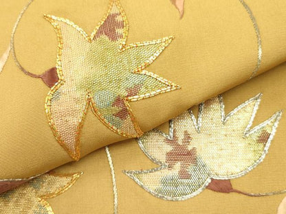 平和屋着物●塩瀬 九寸名古屋帯 駒刺繍 草葉文 金糸 正絹 逸品 DABB7123op
