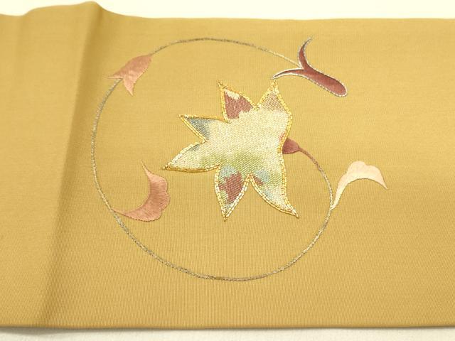 平和屋着物●塩瀬 九寸名古屋帯 駒刺繍 草葉文 金糸 正絹 逸品 DABB7123op